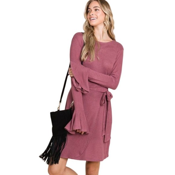 Culture Code Light Heathered Red Ruffle Long Sleeve Wrap Tie Dress CHD1390L - Picture 1 of 12